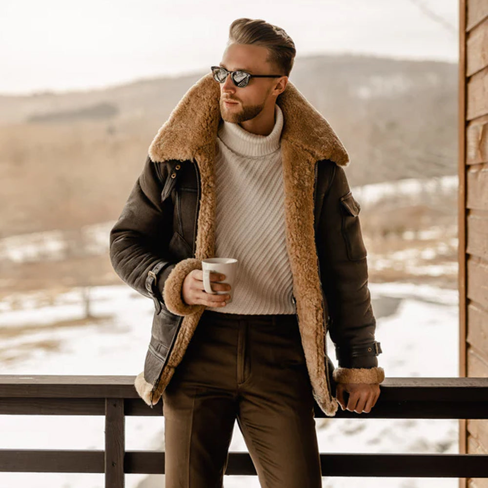 B3 Aviator Flying Sheepskin Jacket Shearling Bomber Leather Jacket Coat for Men Brown