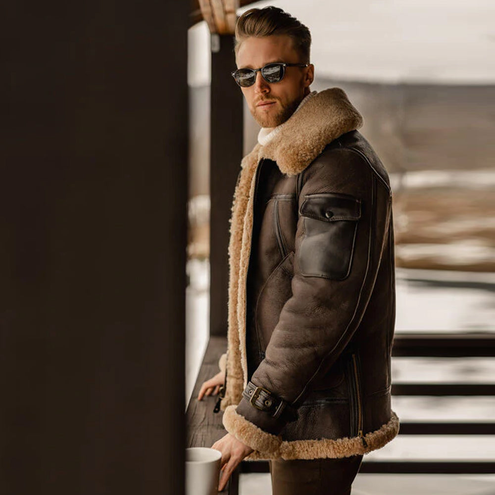 B3 Aviator Flying Sheepskin Jacket Shearling Bomber Leather Jacket Coat for Men Brown