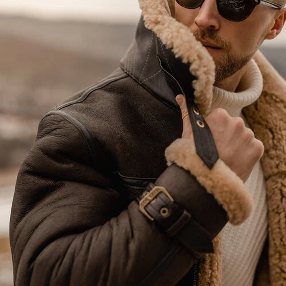 B3 Aviator Flying Sheepskin Jacket Shearling Bomber Leather Jacket Coat for Men Brown