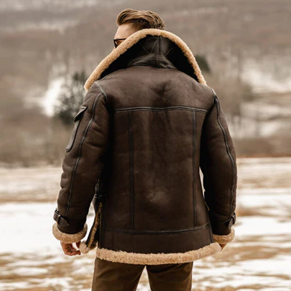 B3 Aviator Flying Sheepskin Jacket Shearling Bomber Leather Jacket Coat for Men Brown