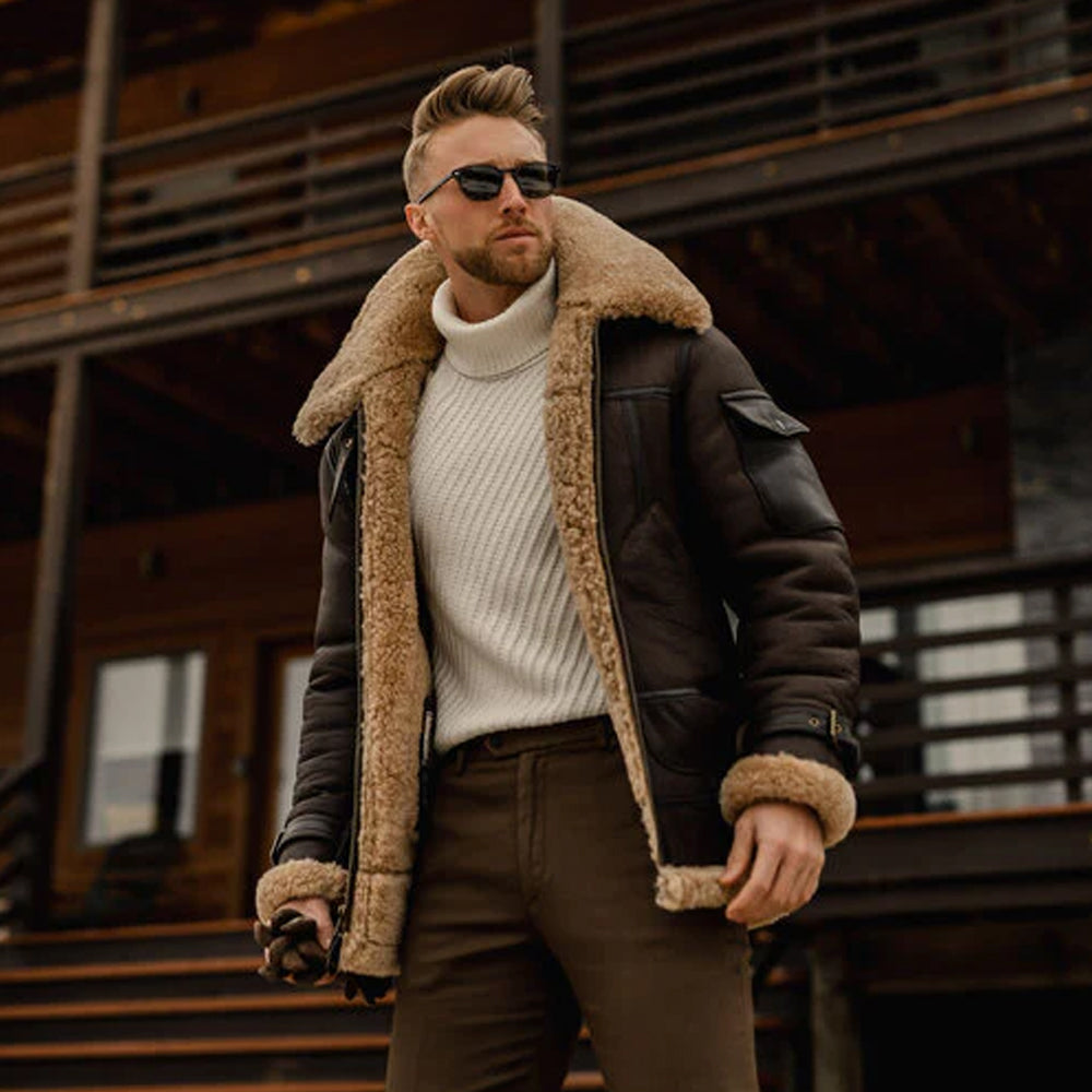 B3 Aviator Flying Sheepskin Jacket Shearling Bomber Leather Jacket Coat for Men Brown