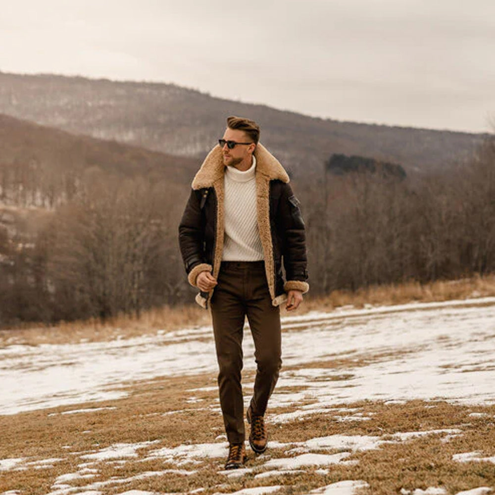 B3 Aviator Flying Sheepskin Jacket Shearling Bomber Leather Jacket Coat for Men Brown