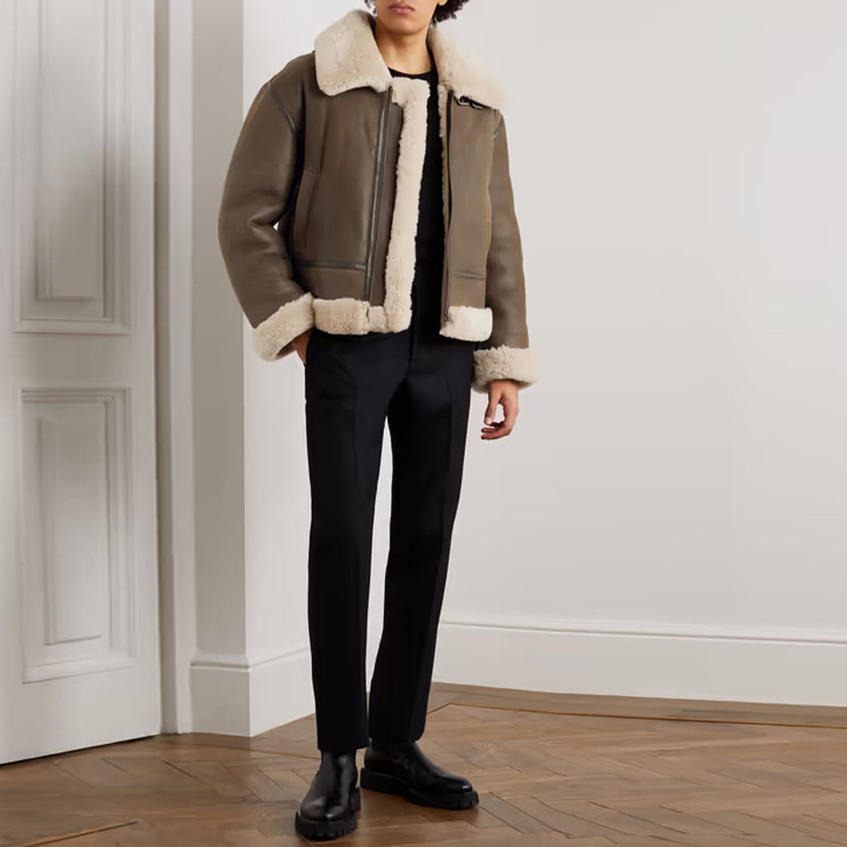 Men Sheepskin RAF Aviator Flight Brown Fur Shearling Leather Jacket