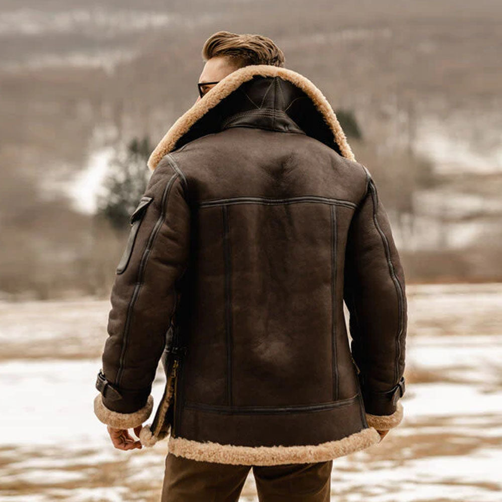 Brown Flying B3 Sheepskin Aviator Shearling Leather Long Jacket Coat For Men