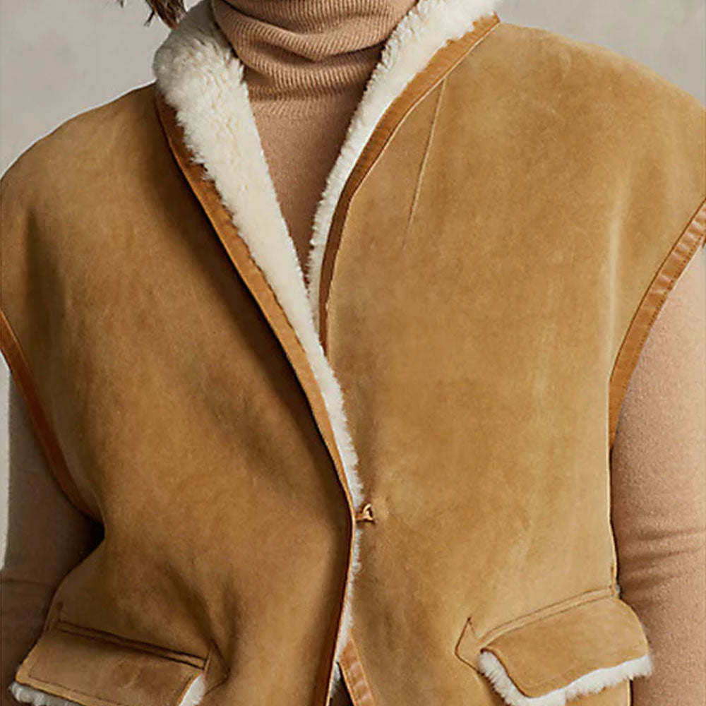 New Women Brown Shearling Leather Vest