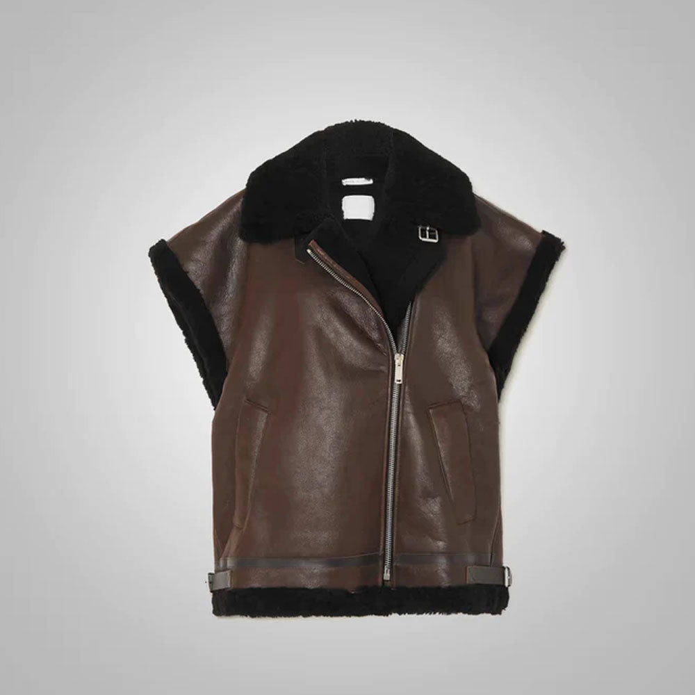 New Dark Brown Shearling Leather Sheepskin Vest For Women