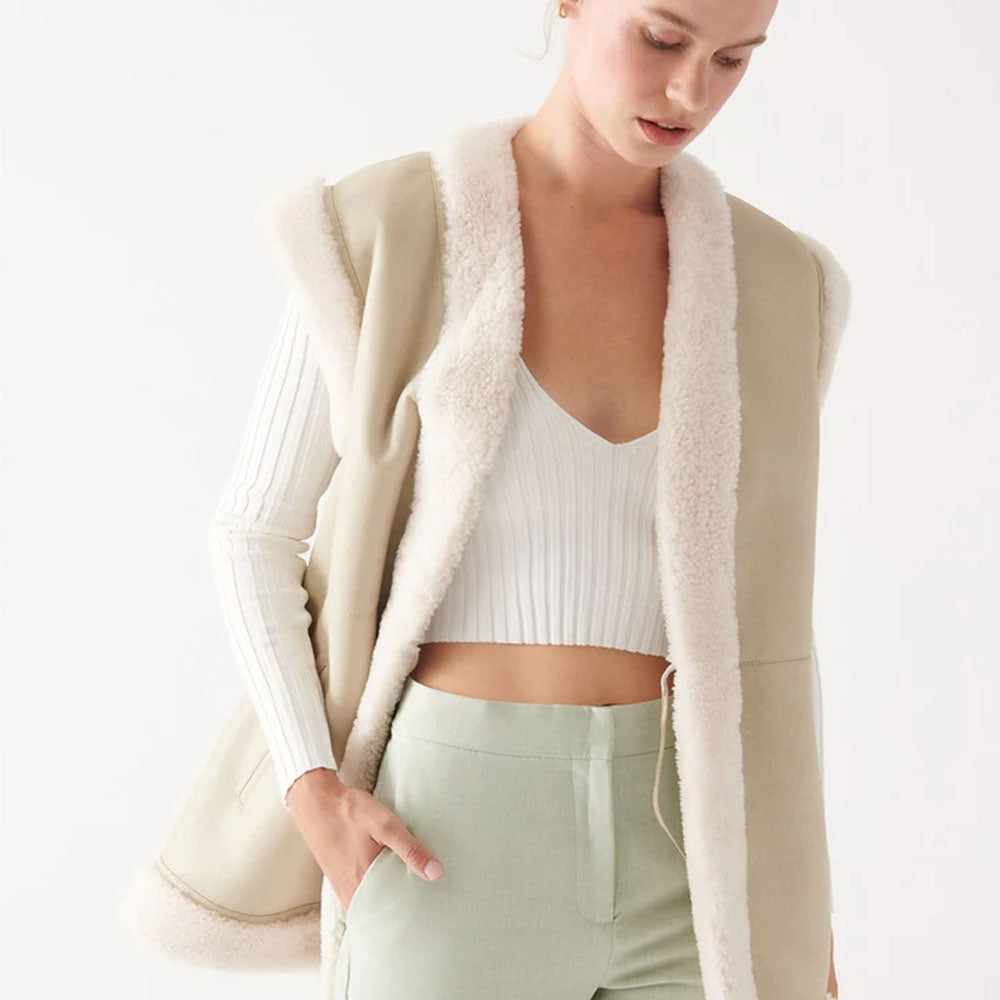 New Beige Sheepskin Shearling Leather Vest For Women