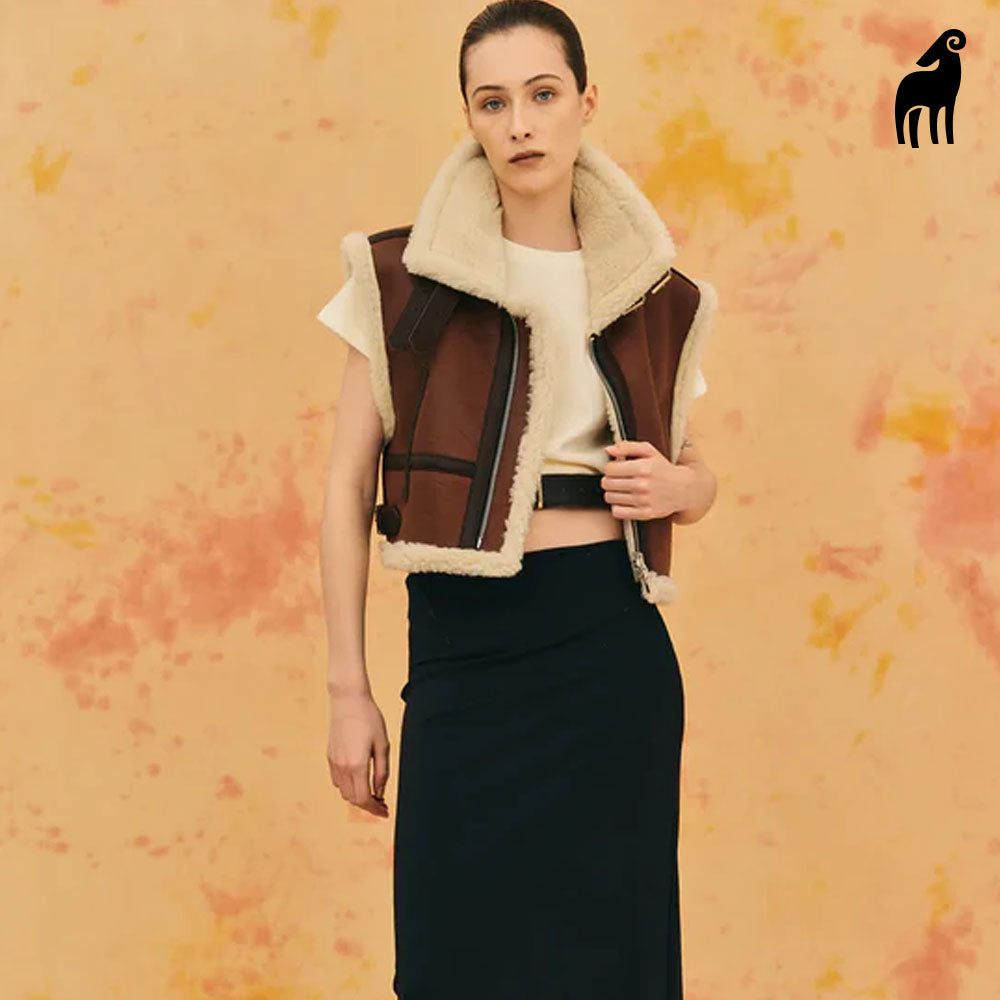 New Women Brown Aviator Sheepskin Shearling Leather Vest