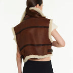 New Women Brown Aviator Sheepskin Shearling Leather Vest