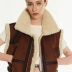New Women Brown Aviator Sheepskin Shearling Leather Vest