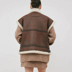 New Women Chocolate Brown Shearling Aviator Sheepskin Leather Vest