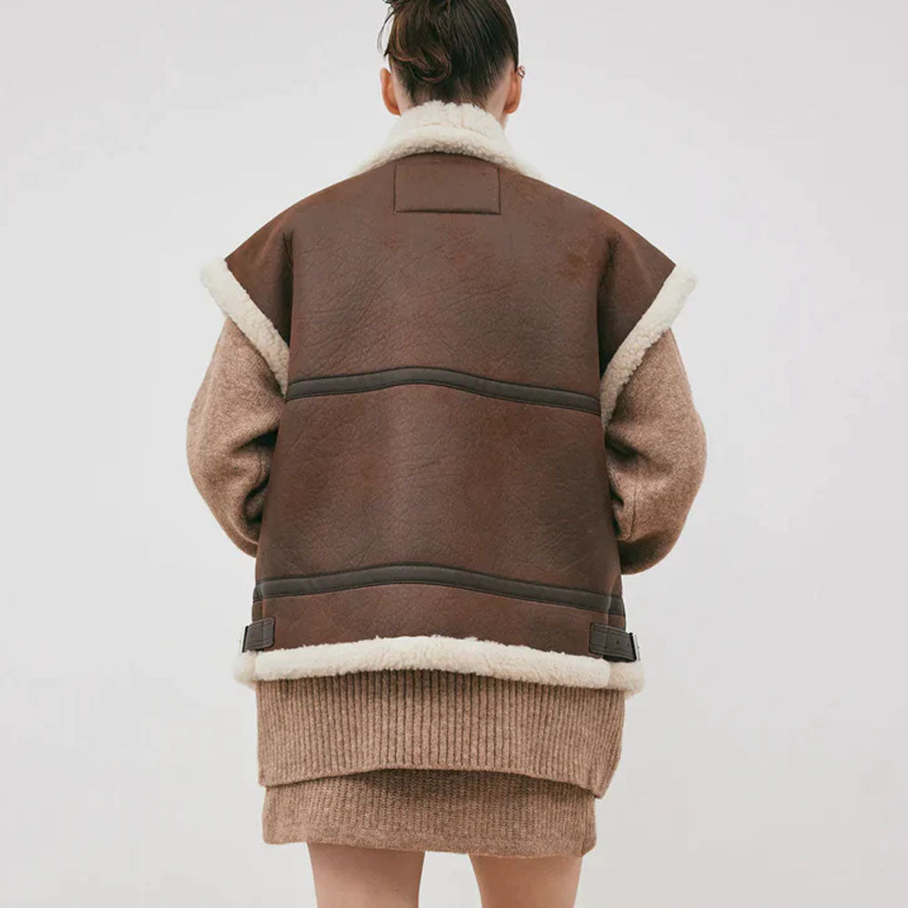 New Women Chocolate Brown Shearling Aviator Sheepskin Leather Vest