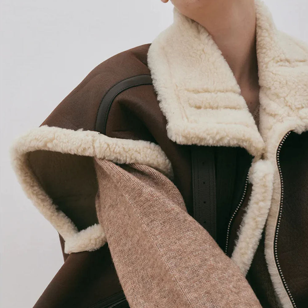 New Women Chocolate Brown Shearling Aviator Sheepskin Leather Vest