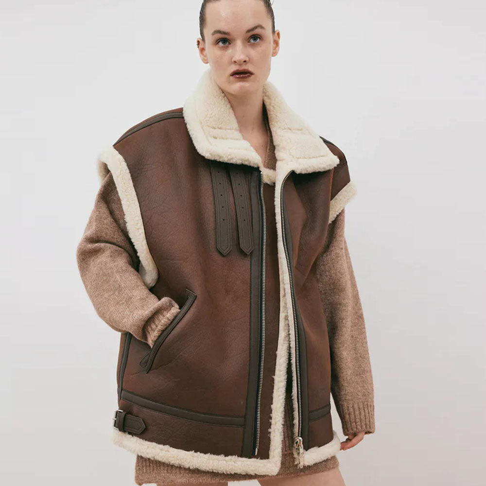 New Women Chocolate Brown Shearling Aviator Sheepskin Leather Vest