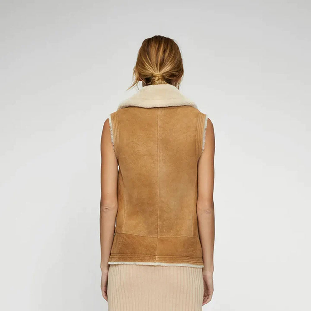 New Women's Brown Aviator Sheepskin Fur Shearling Leather Vest