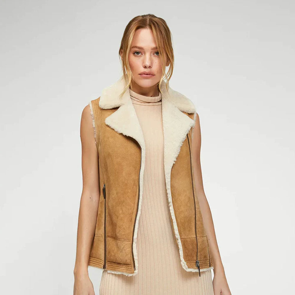 New Women's Brown Aviator Sheepskin Fur Shearling Leather Vest