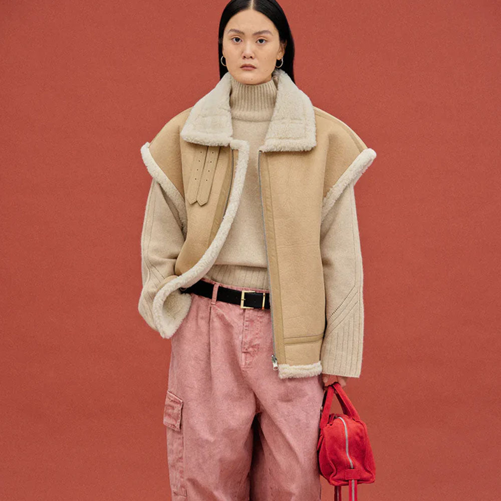 Women's Beige Sheepskin Shearling Aviator Vest
