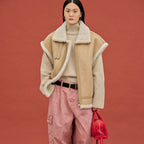 Women's Beige Sheepskin Shearling Aviator Vest