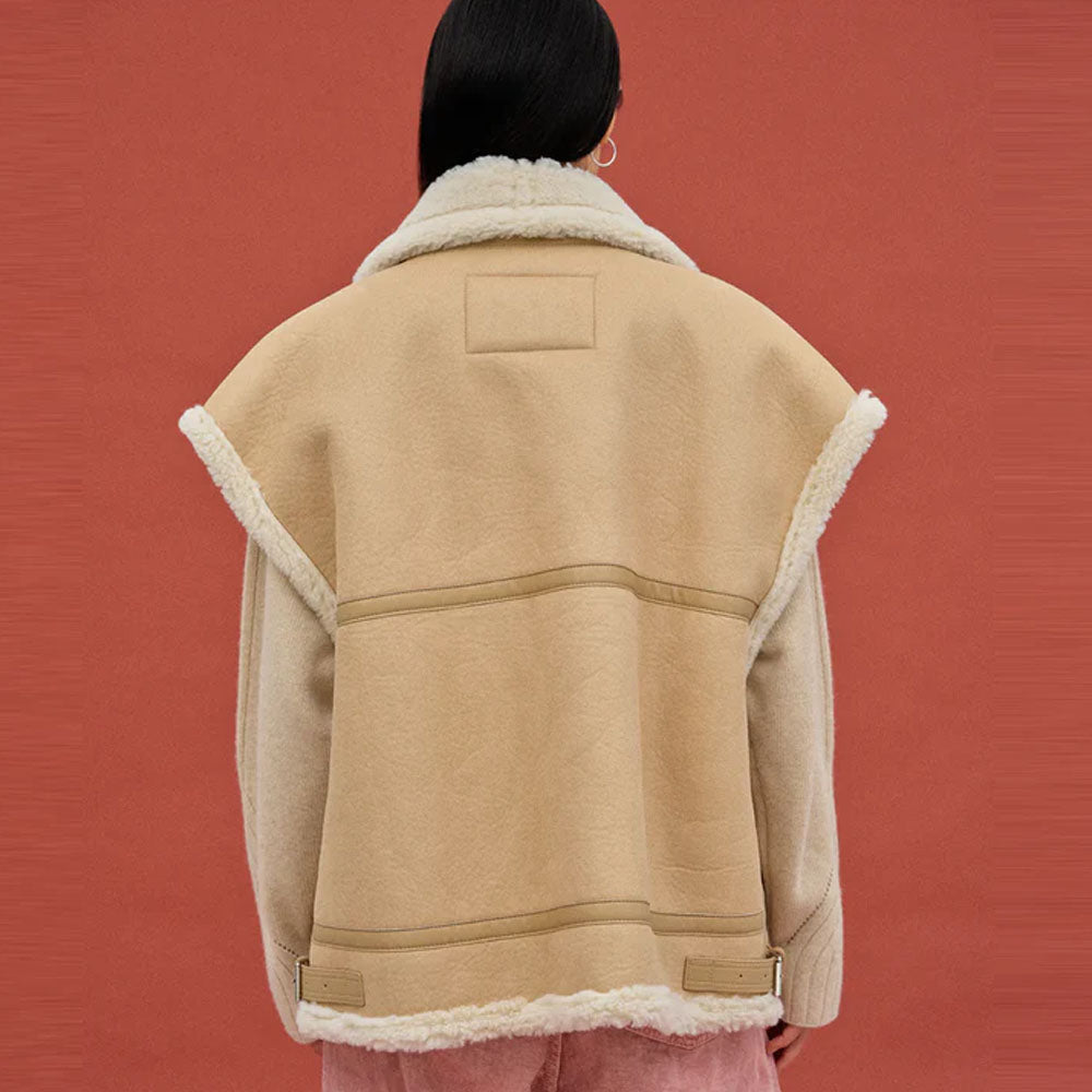 Women's Beige Sheepskin Shearling Aviator Vest