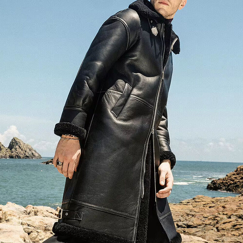 Men's B3 Shearling Sheepskin Jacket Trench Coat Black Leather Jacket Winter Coat