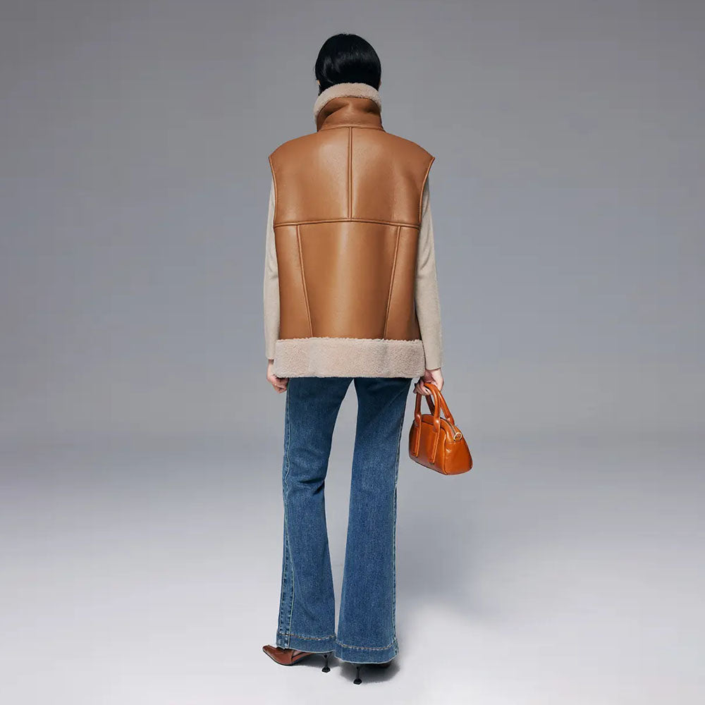 Women's Brown Sheepskin Shearling Vest With Oversized Collar
