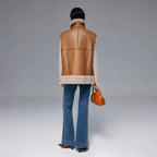 Women's Brown Sheepskin Shearling Vest With Oversized Collar