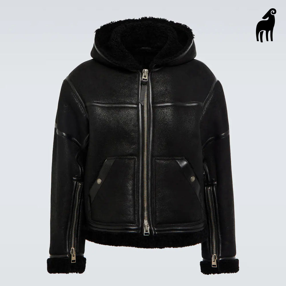 New Men Black B3 Sheepskin Flight Shearling Leather Hooded Jacket