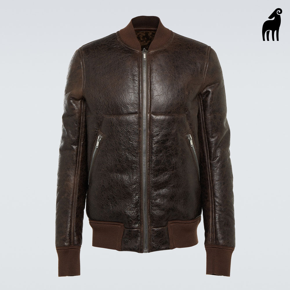 New men brown sheepskin b3 bomber shearling and leather jacket