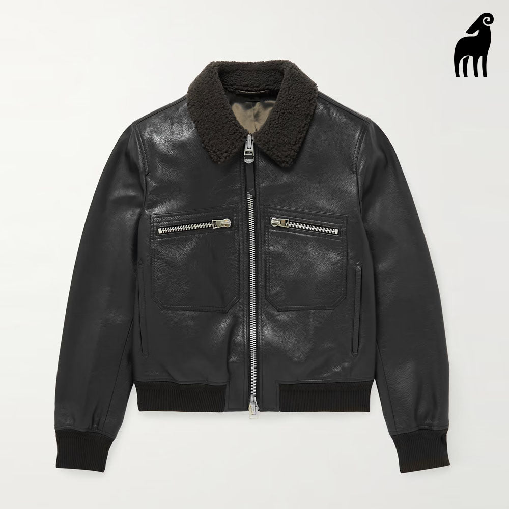 New Men Black Trucker Slim-Fit Flying Sheepskin Bomber Shearling Leather Jacket