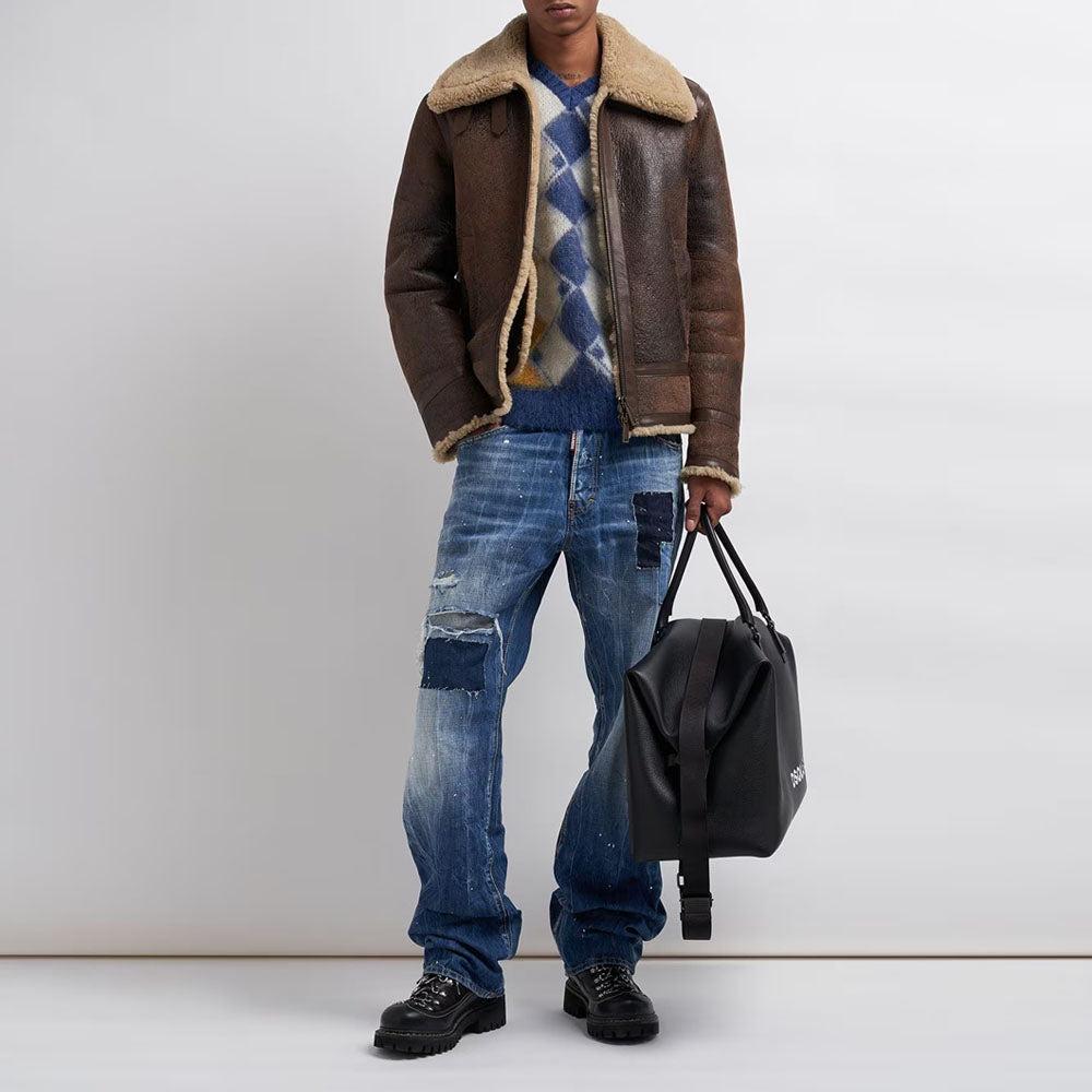 Men's brown b3 aviator sheepskin shearling leather zip jacket