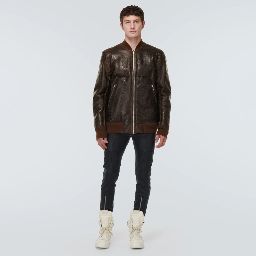 New men brown sheepskin b3 bomber shearling and leather jacket