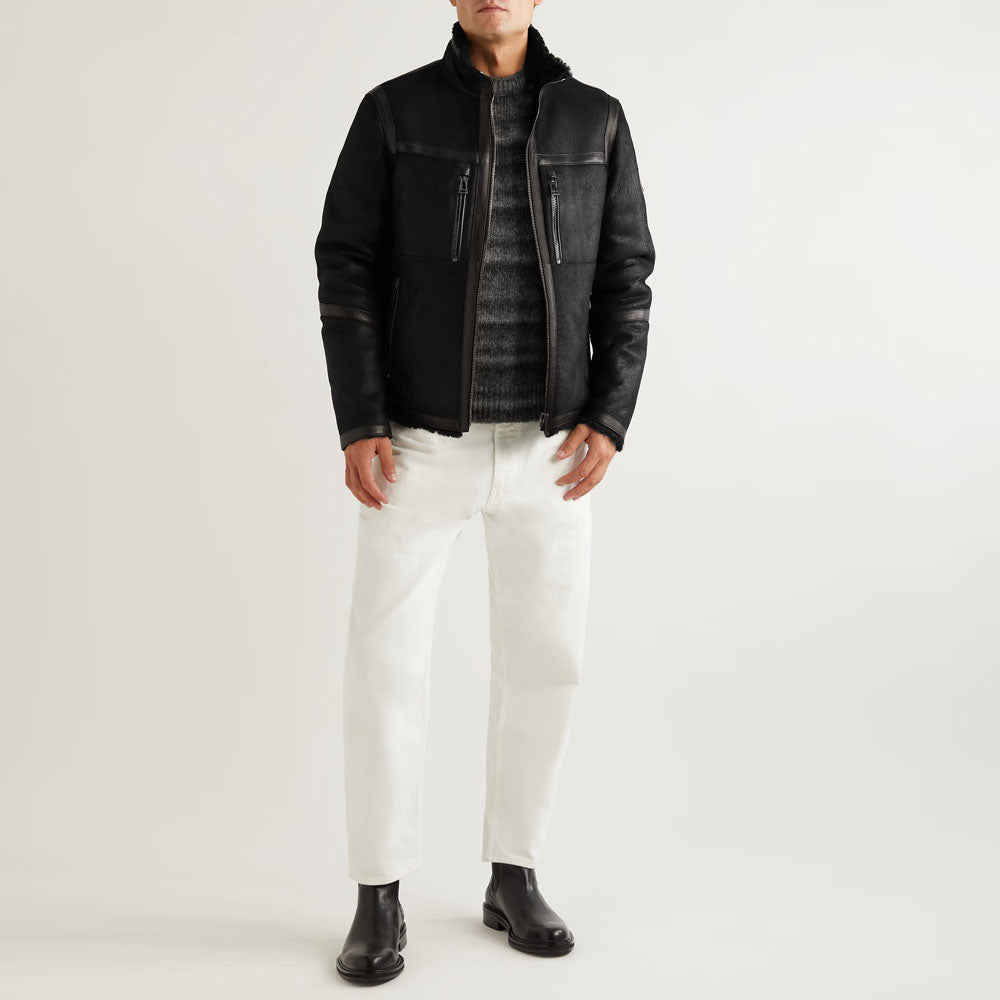 Men Black B3 Sheepskin Shearling Flying Trimmed Leather Jacket