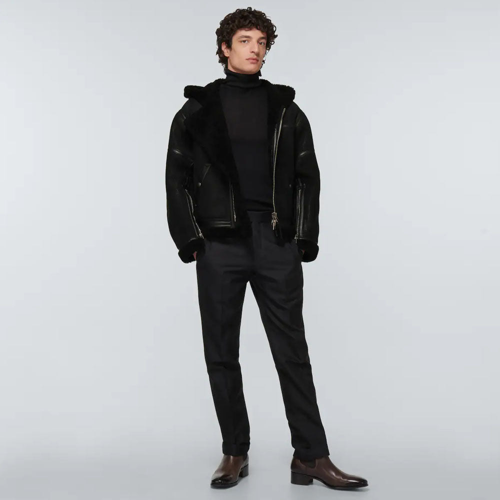 New Men Black B3 Sheepskin Flight Shearling Leather Hooded Jacket