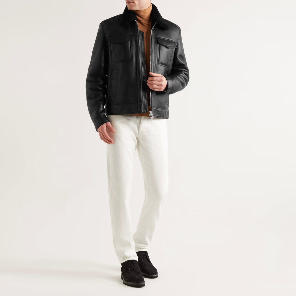 New Men Black Sheepskin Nappa Leather and Shearling Trucker jacket