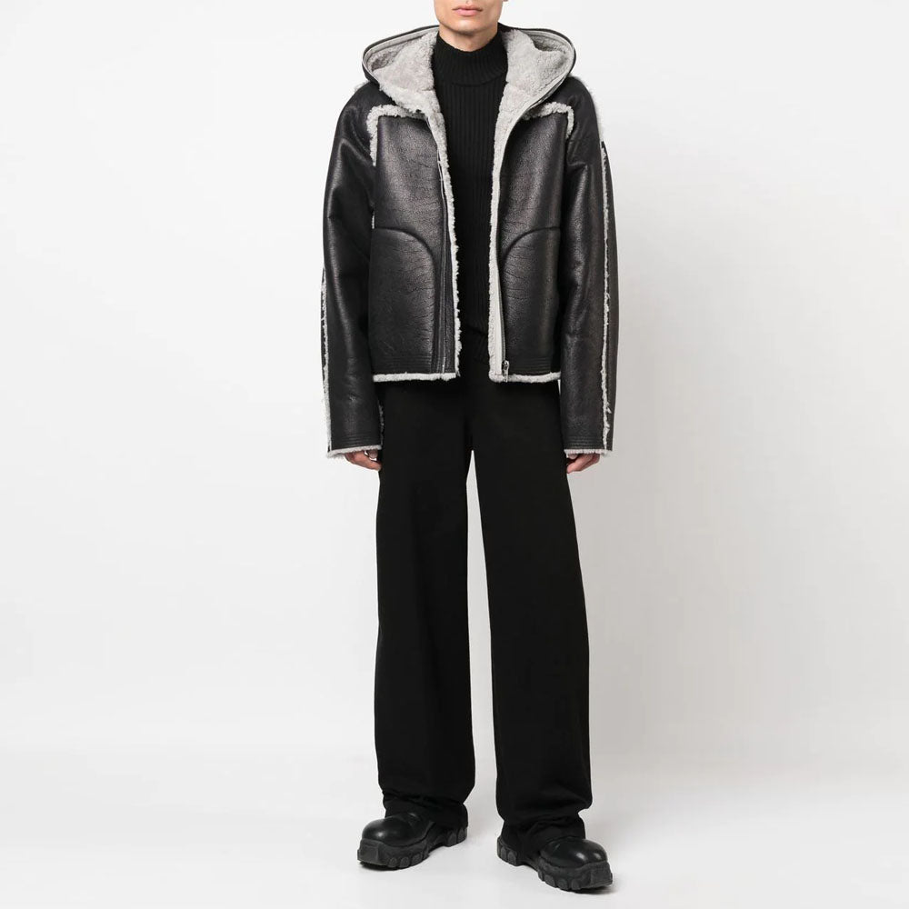 Men's Black Sheepskin B3 Shearling Trim Hooded Leather Jacket