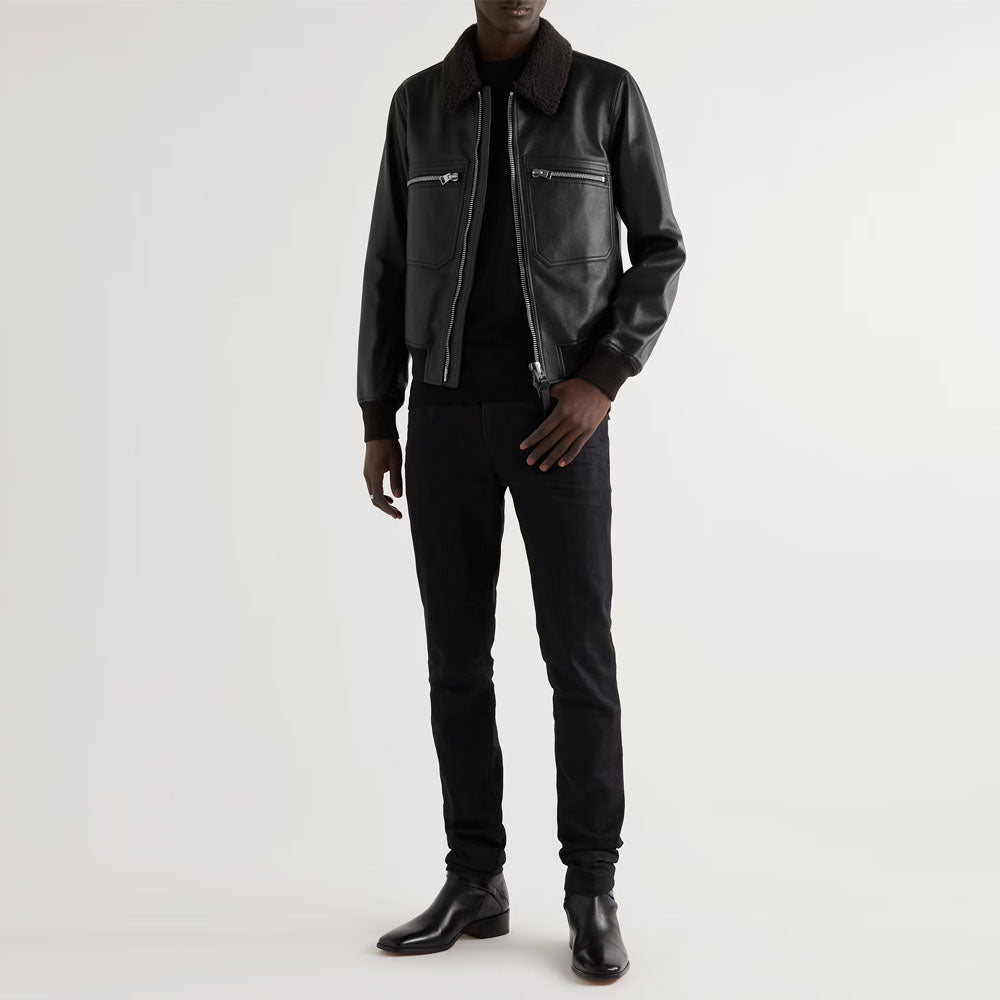 New Men Black Trucker Slim-Fit Flying Sheepskin Bomber Shearling Leather Jacket