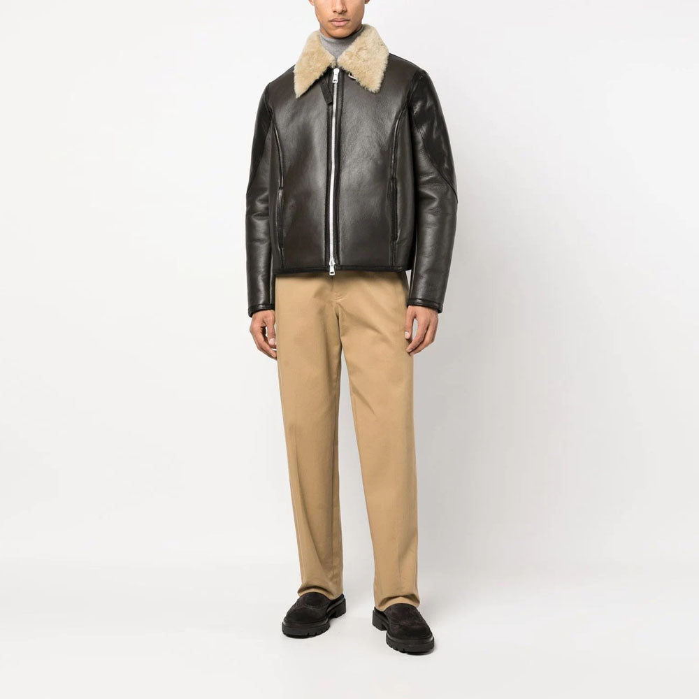 Men's black shearling collar sheepskin pilot leather jacket