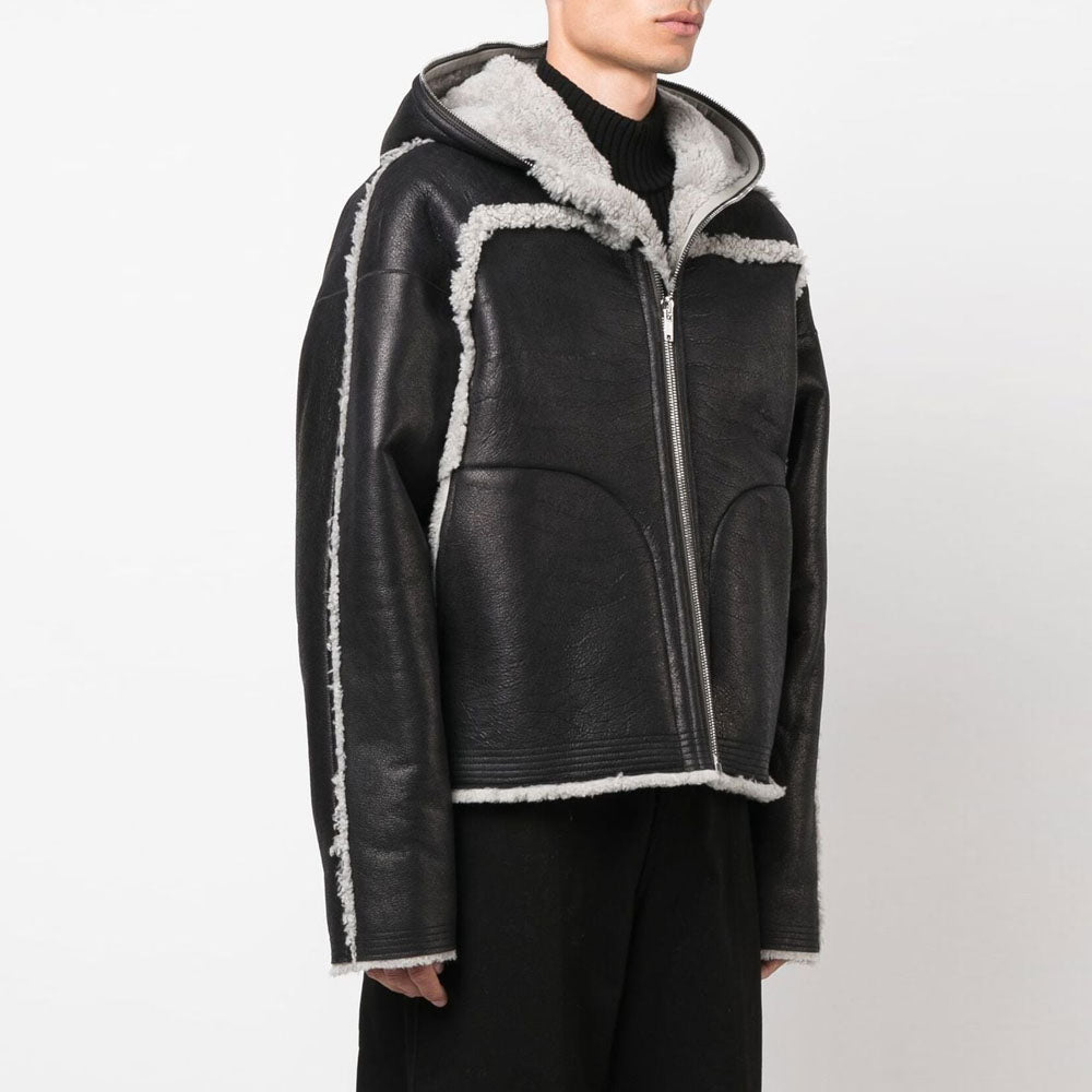 Men's Black Sheepskin B3 Shearling Trim Hooded Leather Jacket