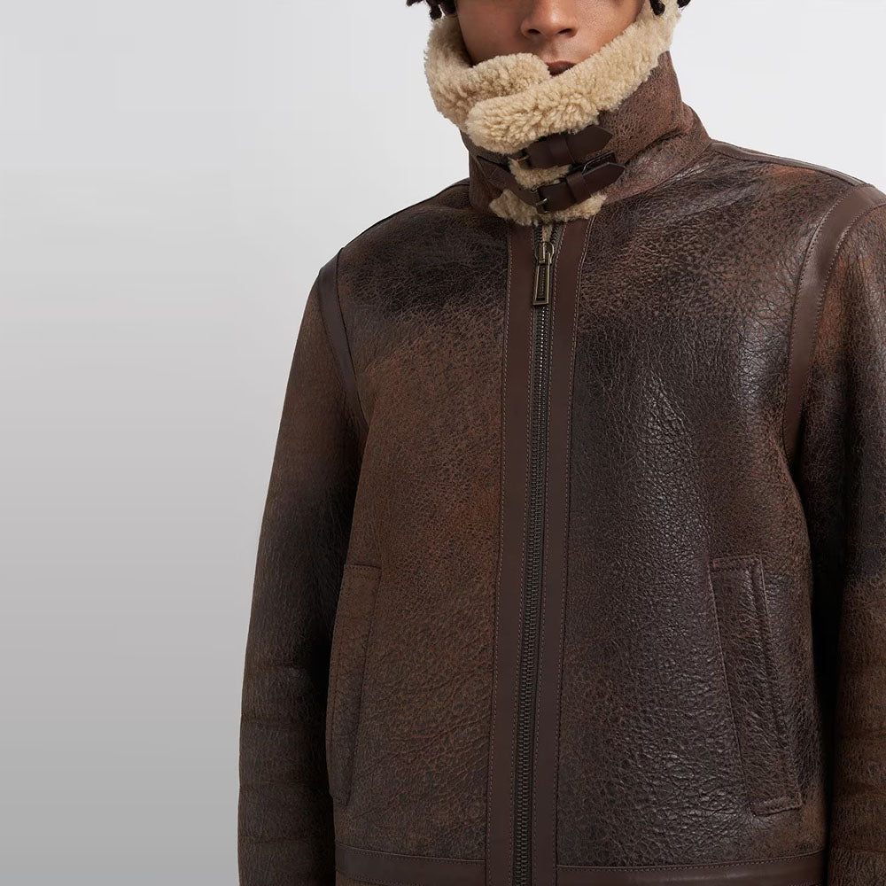 Men's brown b3 aviator sheepskin shearling leather zip jacket