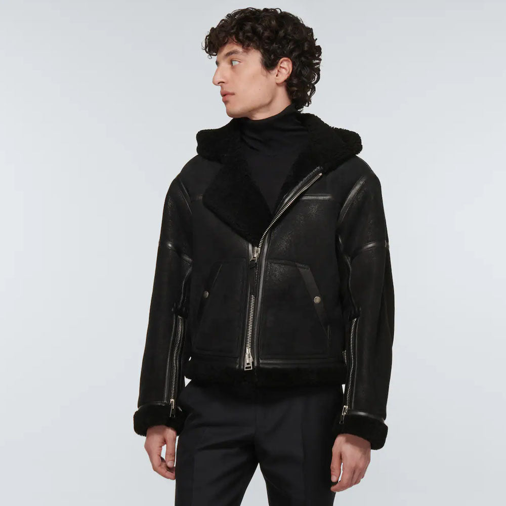 New Men Black B3 Sheepskin Flight Shearling Leather Hooded Jacket