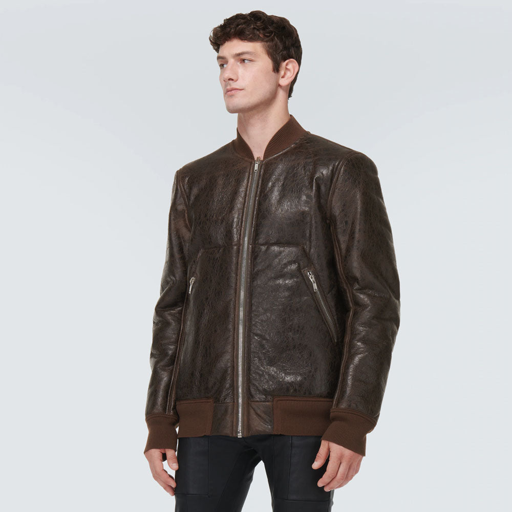 New men brown sheepskin b3 bomber shearling and leather jacket