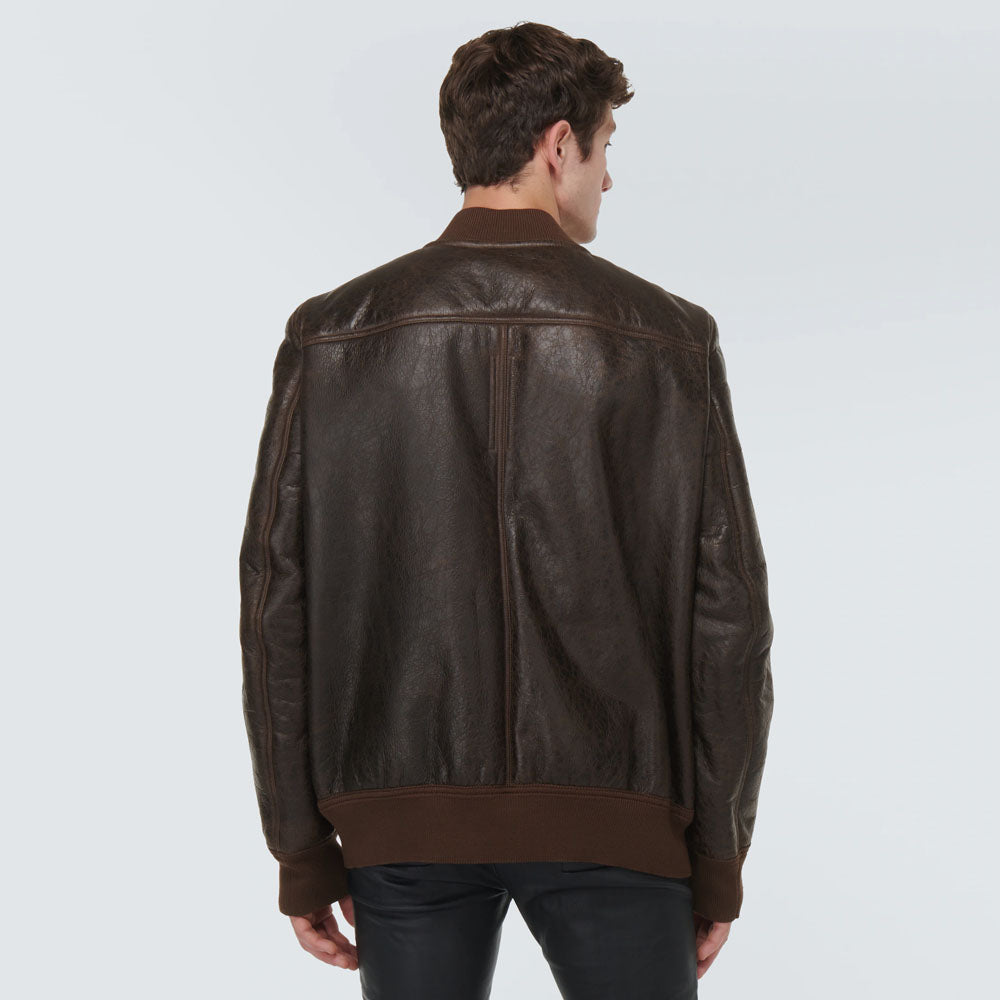 New men brown sheepskin b3 bomber shearling and leather jacket