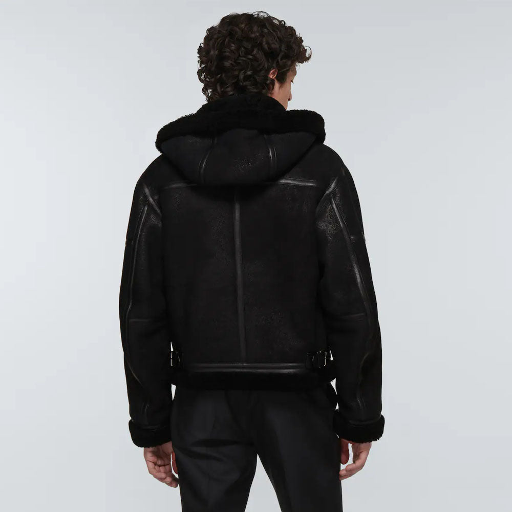 New Men Black B3 Sheepskin Flight Shearling Leather Hooded Jacket
