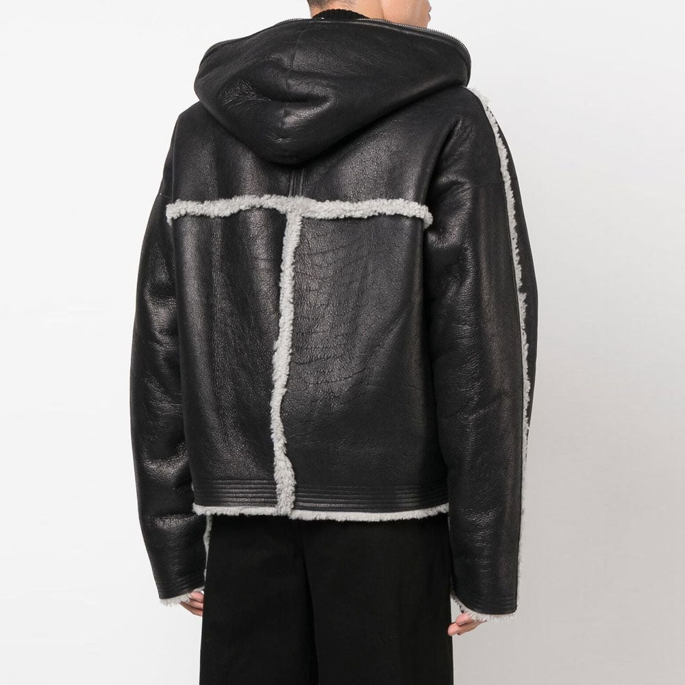 Men's Black Sheepskin B3 Shearling Trim Hooded Leather Jacket