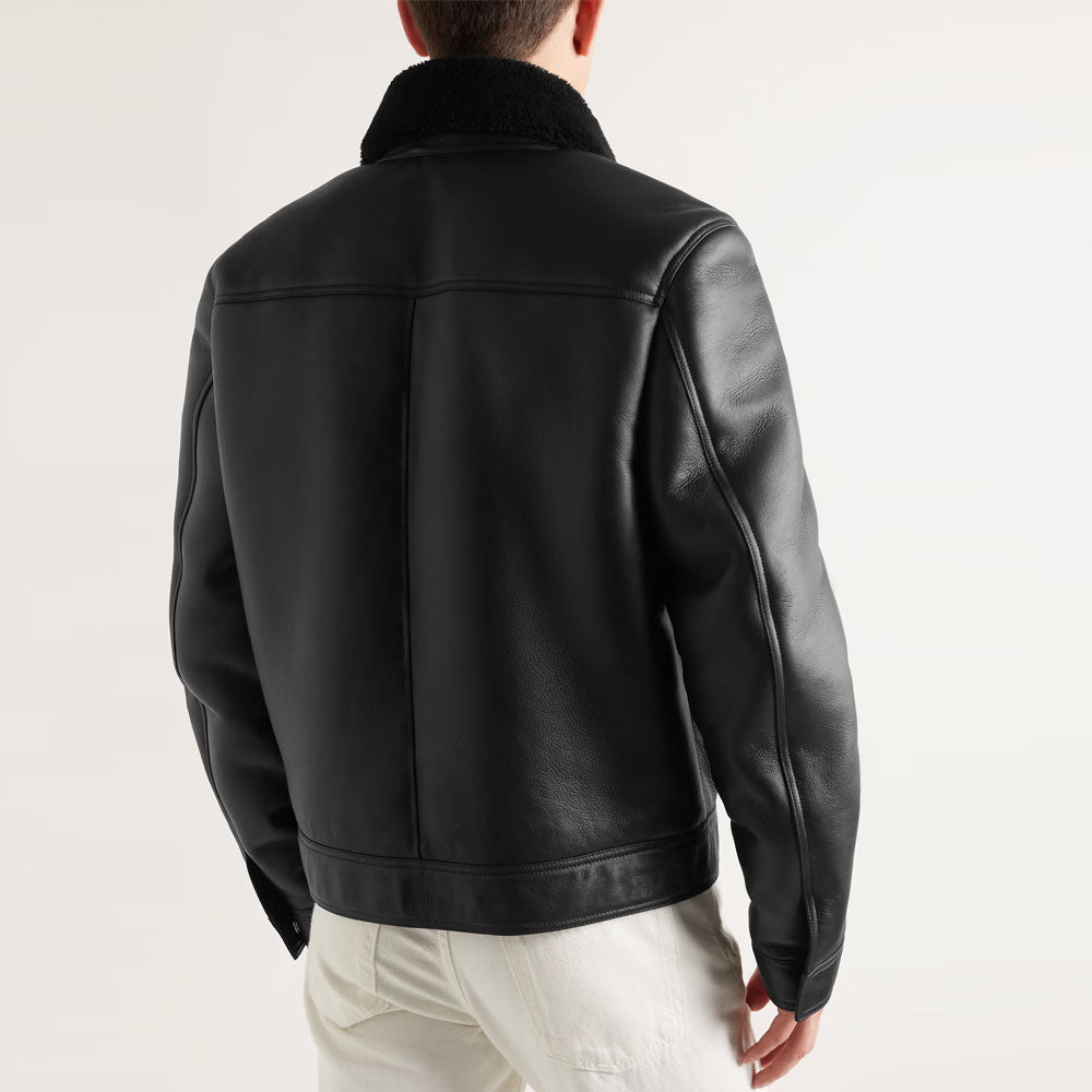 New Men Black Sheepskin Nappa Leather and Shearling Trucker jacket