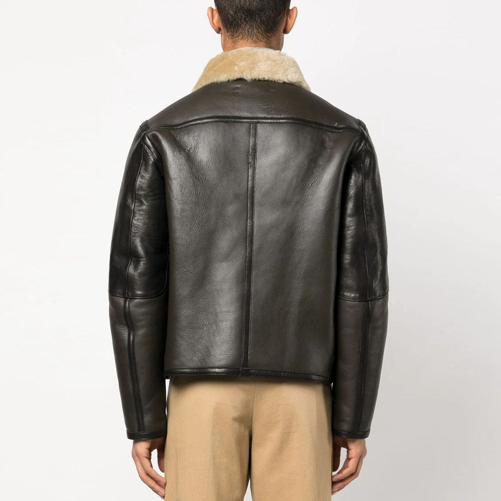Men's black shearling collar sheepskin pilot leather jacket