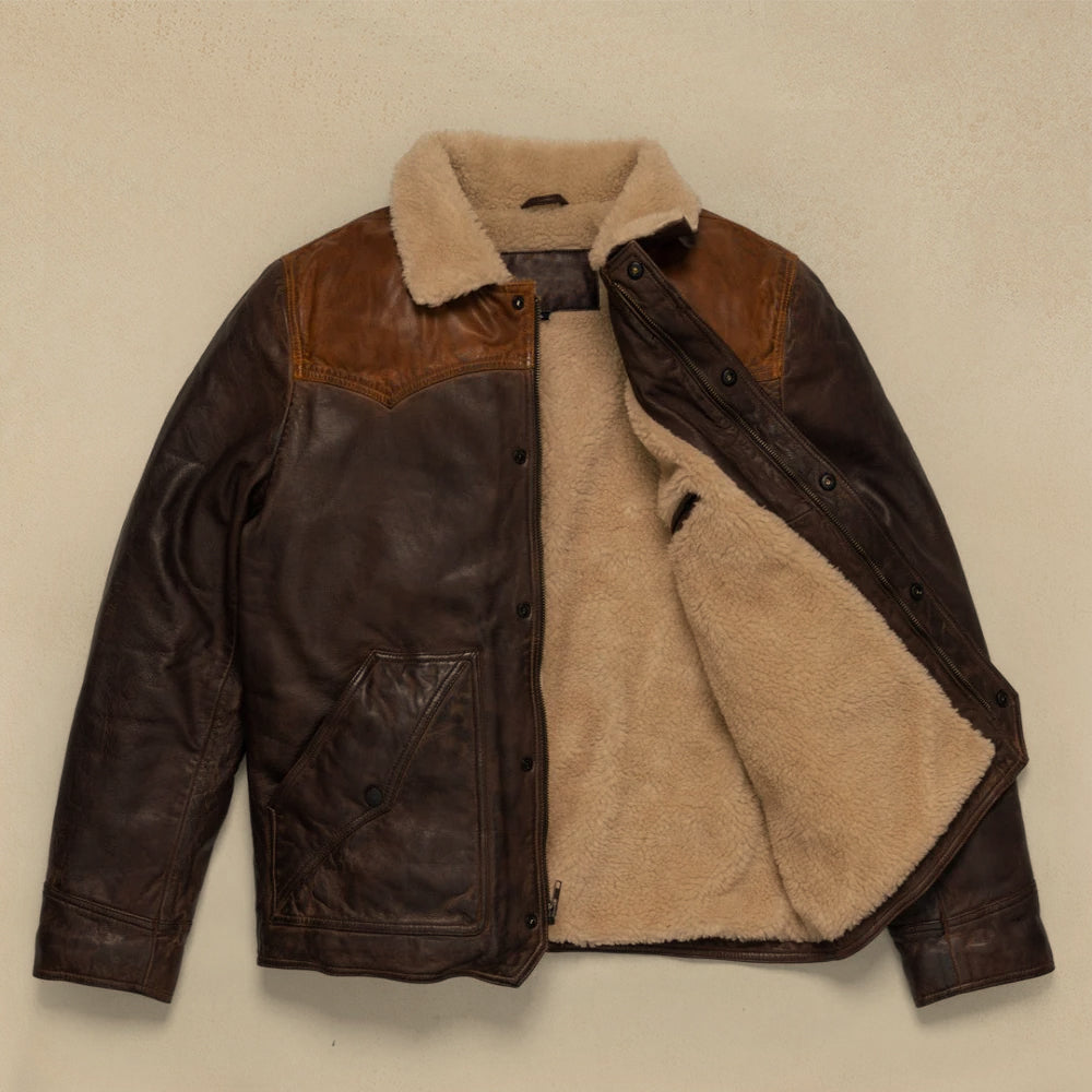 Distressed Sheepskin Leather Sherpa Jacket For Men