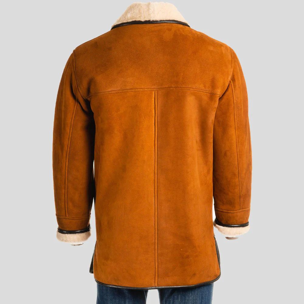 Men's Chestnut Suede Piped Shearling Rancher Coat