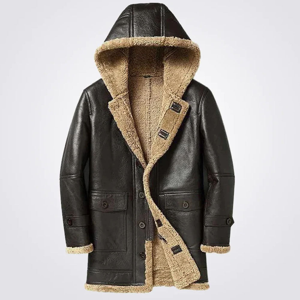 Men's Espresso Brown Hooded Shearling Duffle Coat
