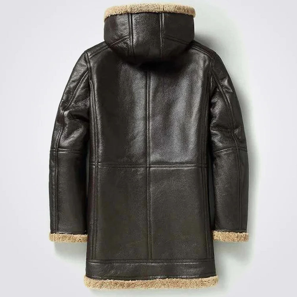 Men's Espresso Brown Hooded Shearling Duffle Coat